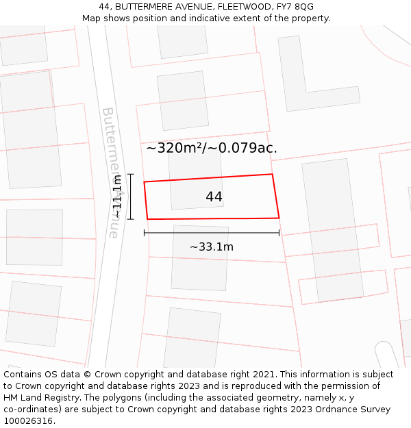 44, BUTTERMERE AVENUE, FLEETWOOD, FY7 8QG: Plot and title map