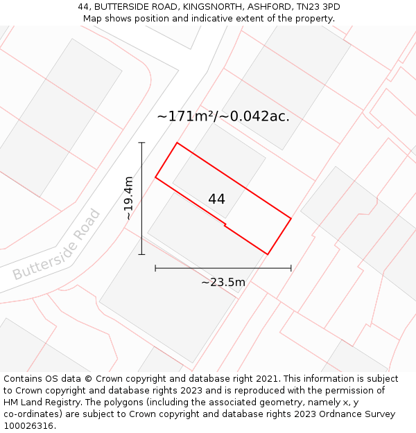 44, BUTTERSIDE ROAD, KINGSNORTH, ASHFORD, TN23 3PD: Plot and title map