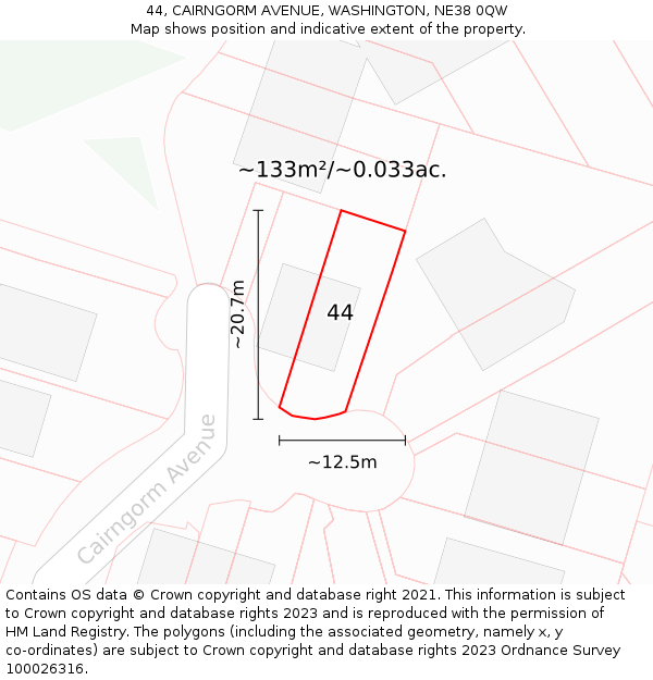 44, CAIRNGORM AVENUE, WASHINGTON, NE38 0QW: Plot and title map