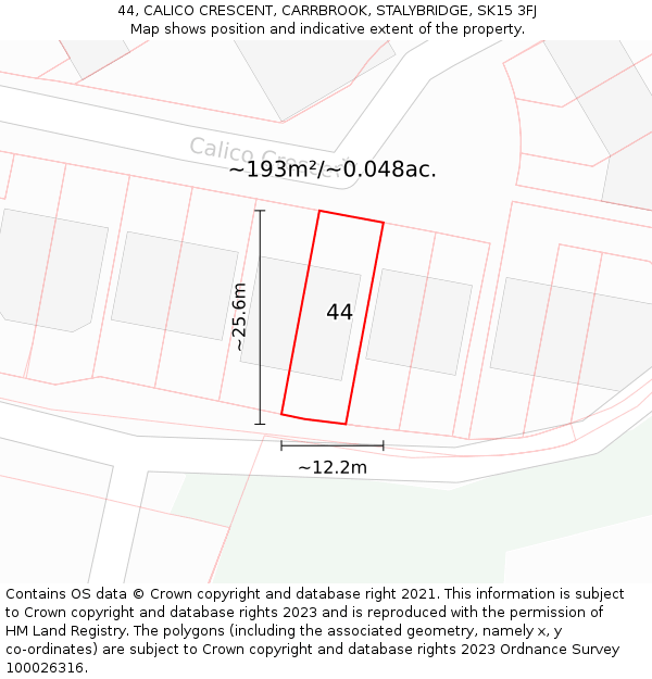 44, CALICO CRESCENT, CARRBROOK, STALYBRIDGE, SK15 3FJ: Plot and title map