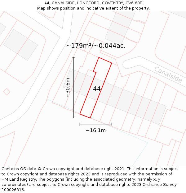44, CANALSIDE, LONGFORD, COVENTRY, CV6 6RB: Plot and title map