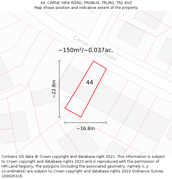 44, CARNE VIEW ROAD, PROBUS, TRURO, TR2 4HZ: Plot and title map