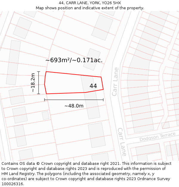 44, CARR LANE, YORK, YO26 5HX: Plot and title map