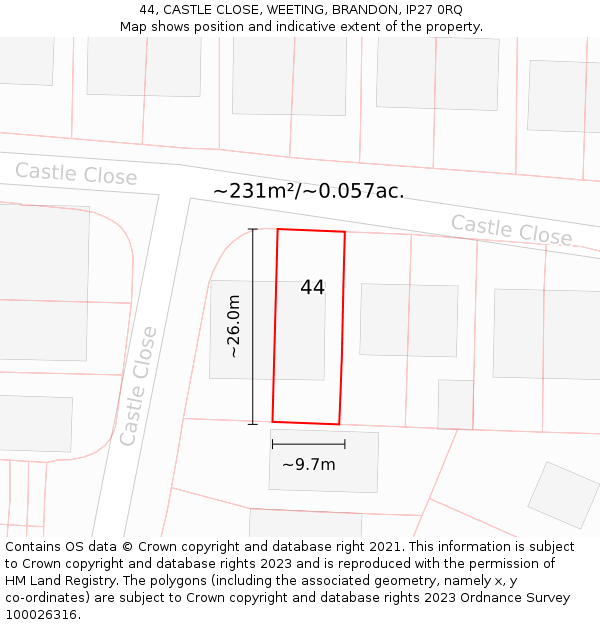 44, CASTLE CLOSE, WEETING, BRANDON, IP27 0RQ: Plot and title map