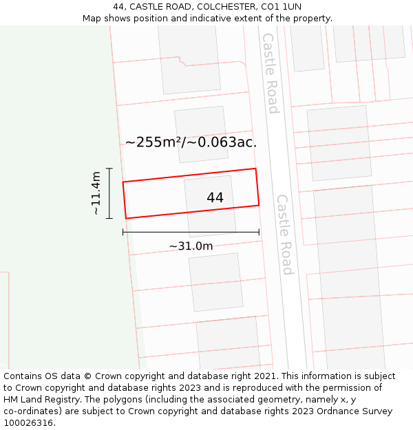 44, CASTLE ROAD, COLCHESTER, CO1 1UN: Plot and title map