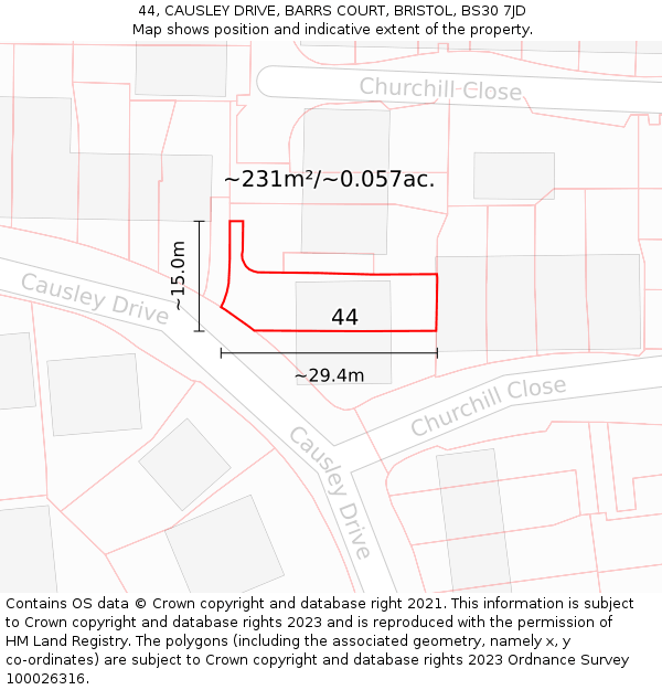 44, CAUSLEY DRIVE, BARRS COURT, BRISTOL, BS30 7JD: Plot and title map