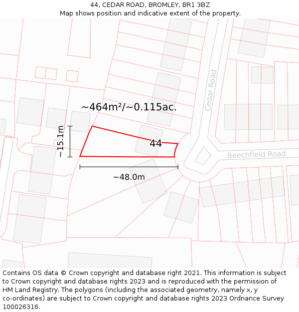 44, CEDAR ROAD, BROMLEY, BR1 3BZ: Plot and title map