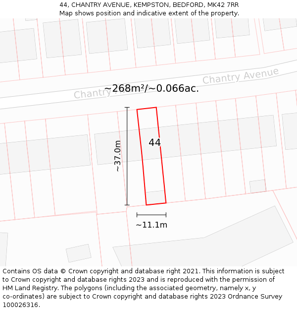 44, CHANTRY AVENUE, KEMPSTON, BEDFORD, MK42 7RR: Plot and title map