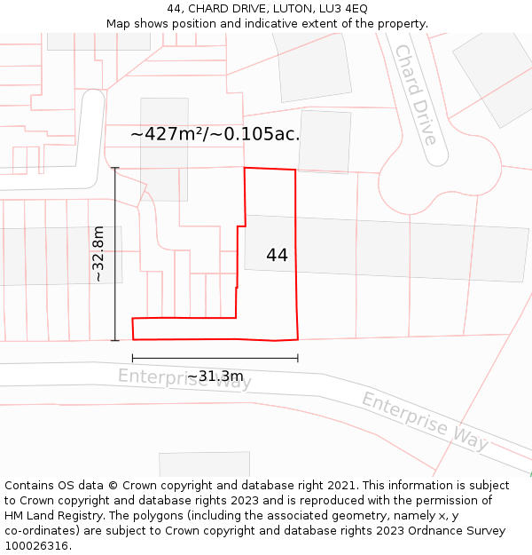 44, CHARD DRIVE, LUTON, LU3 4EQ: Plot and title map