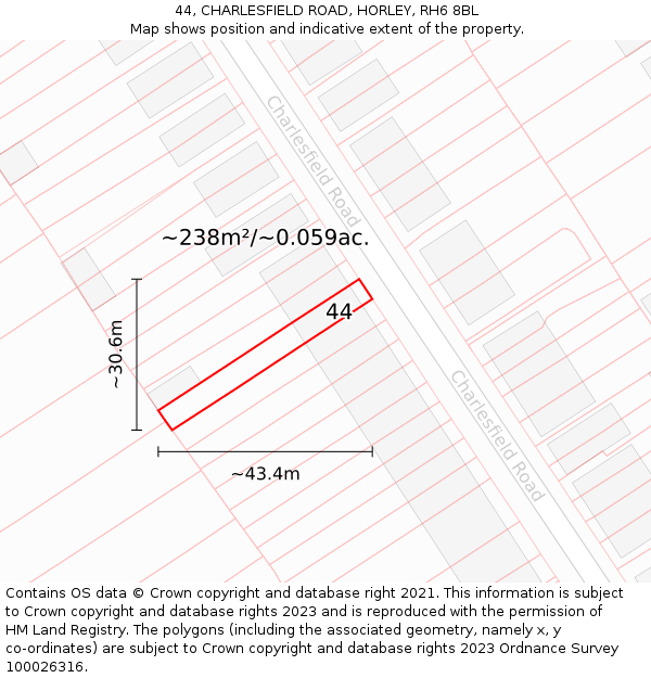 44, CHARLESFIELD ROAD, HORLEY, RH6 8BL: Plot and title map