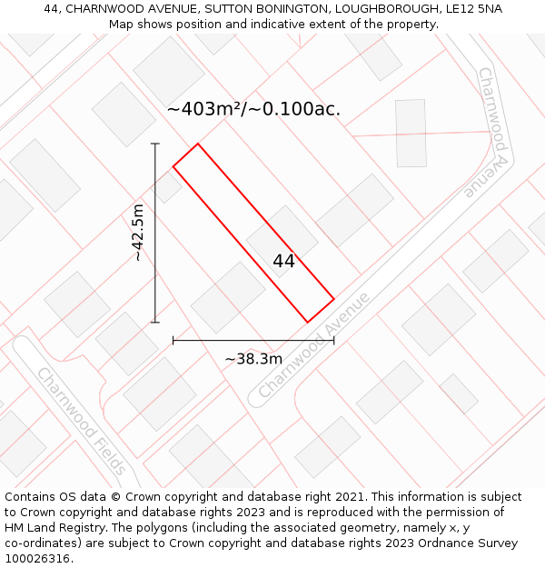 44, CHARNWOOD AVENUE, SUTTON BONINGTON, LOUGHBOROUGH, LE12 5NA: Plot and title map