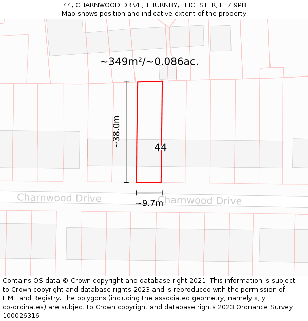 44, CHARNWOOD DRIVE, THURNBY, LEICESTER, LE7 9PB: Plot and title map