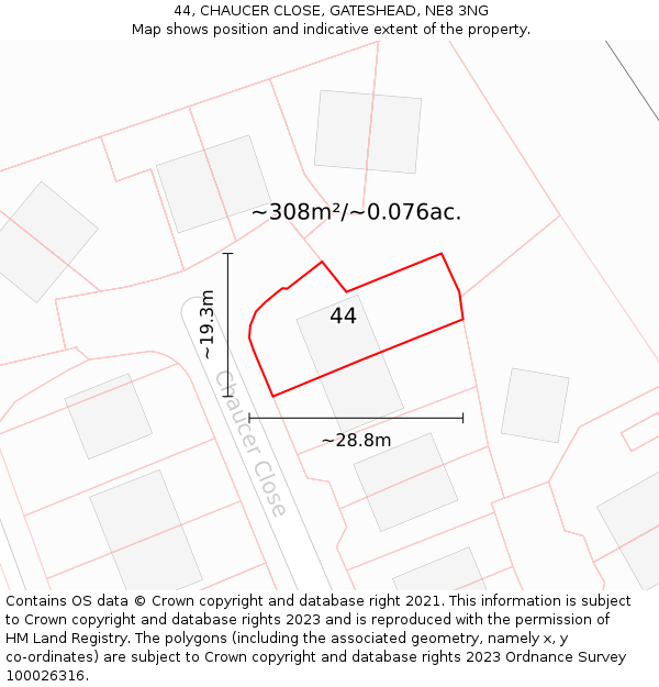 44, CHAUCER CLOSE, GATESHEAD, NE8 3NG: Plot and title map