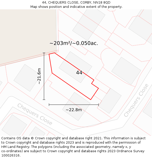 44, CHEQUERS CLOSE, CORBY, NN18 8QD: Plot and title map