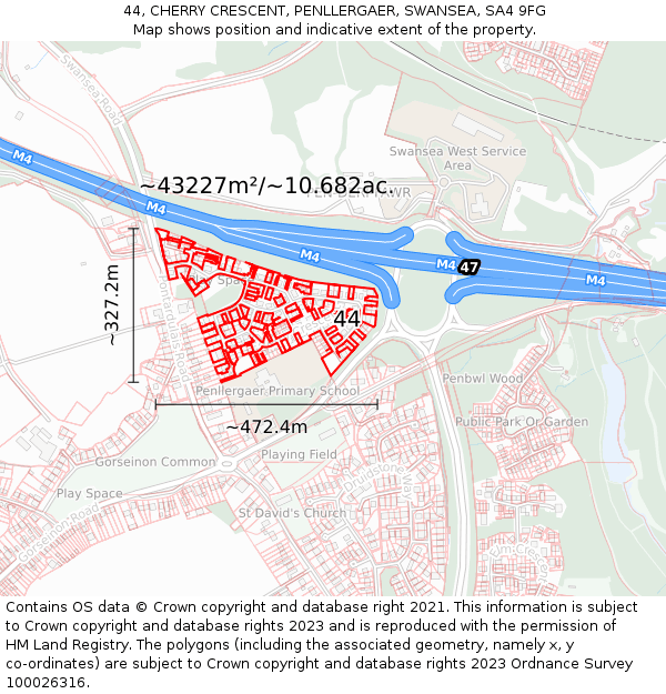 44, CHERRY CRESCENT, PENLLERGAER, SWANSEA, SA4 9FG: Plot and title map