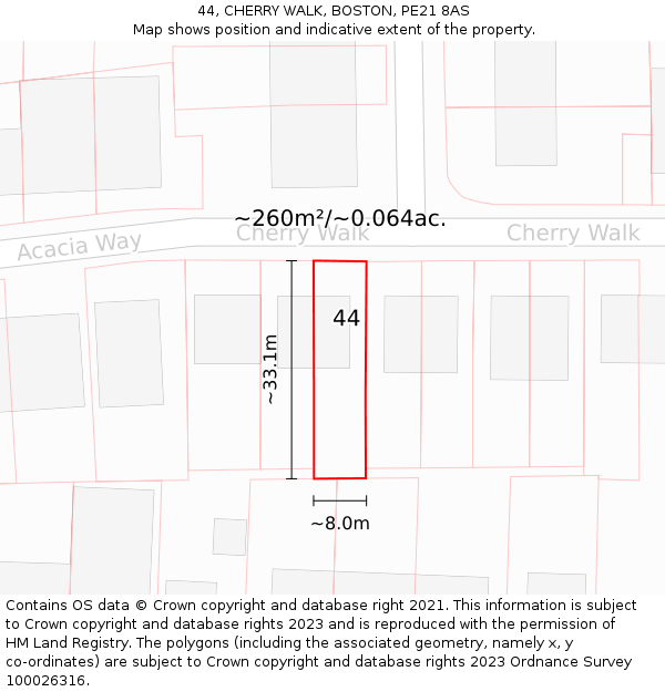 44, CHERRY WALK, BOSTON, PE21 8AS: Plot and title map