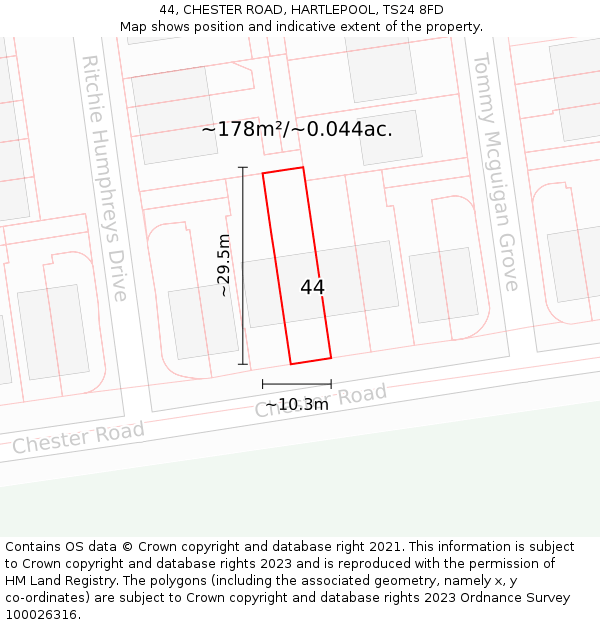 44, CHESTER ROAD, HARTLEPOOL, TS24 8FD: Plot and title map