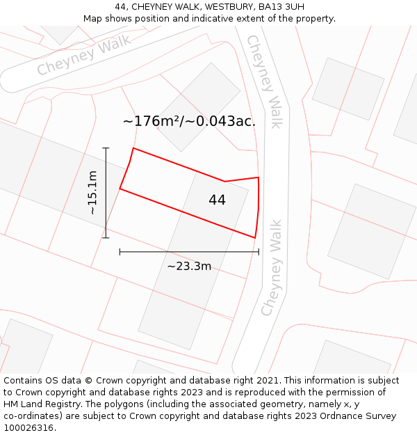 44, CHEYNEY WALK, WESTBURY, BA13 3UH: Plot and title map