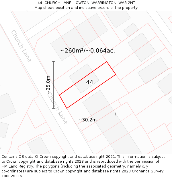 44, CHURCH LANE, LOWTON, WARRINGTON, WA3 2NT: Plot and title map