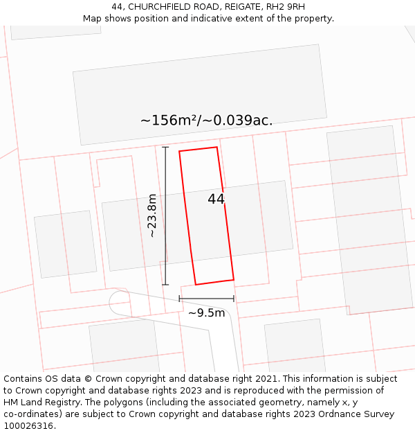 44, CHURCHFIELD ROAD, REIGATE, RH2 9RH: Plot and title map
