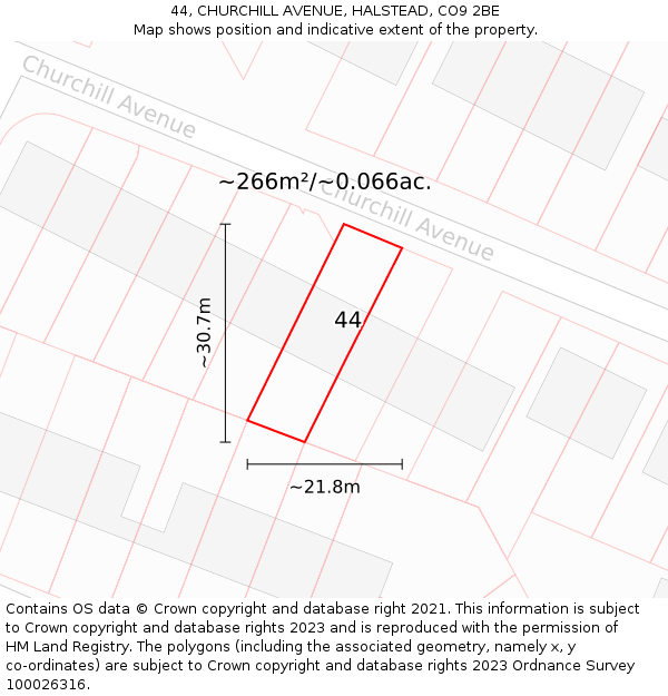 44, CHURCHILL AVENUE, HALSTEAD, CO9 2BE: Plot and title map