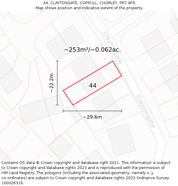 44, CLAYTONGATE, COPPULL, CHORLEY, PR7 4PS: Plot and title map