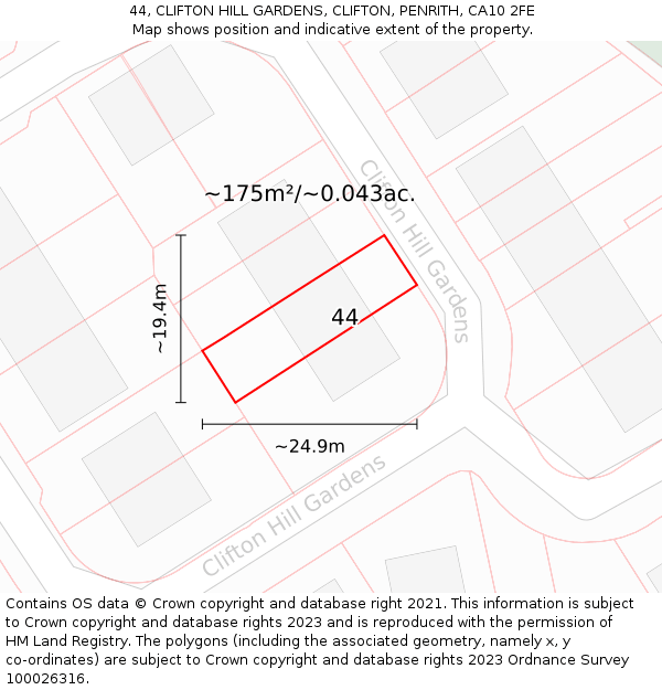 44, CLIFTON HILL GARDENS, CLIFTON, PENRITH, CA10 2FE: Plot and title map