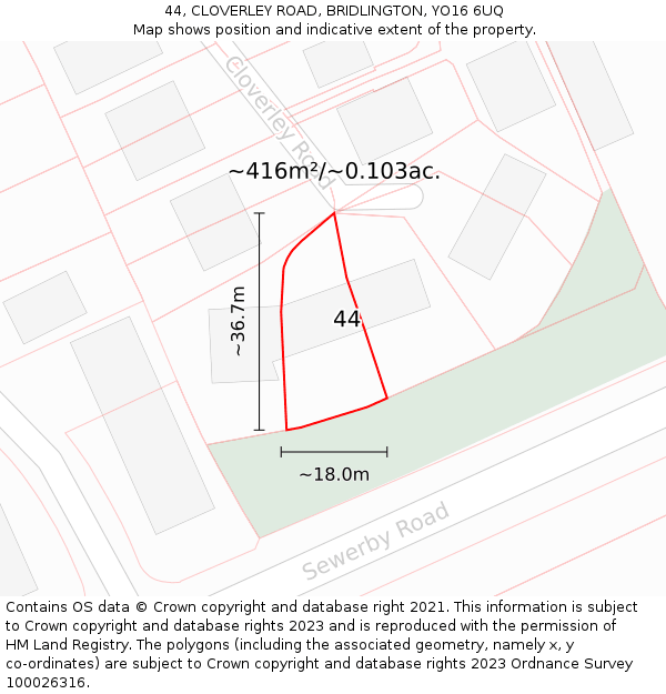 44, CLOVERLEY ROAD, BRIDLINGTON, YO16 6UQ: Plot and title map