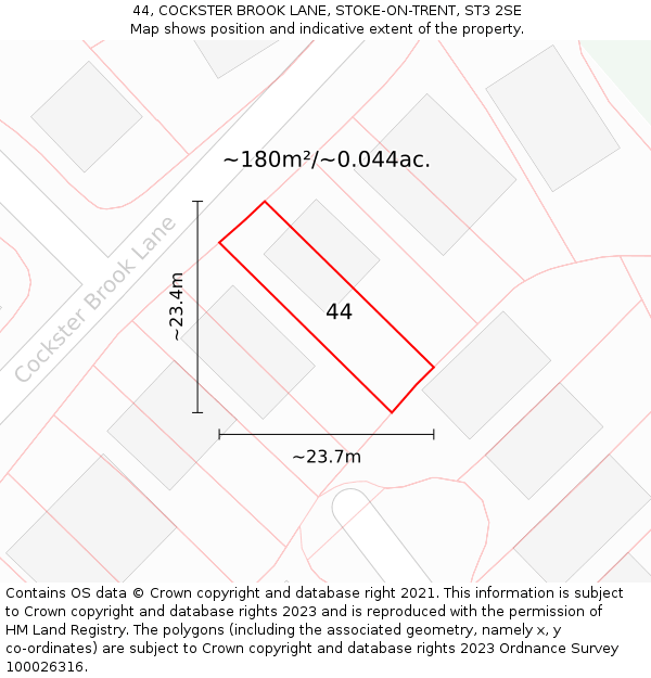 44, COCKSTER BROOK LANE, STOKE-ON-TRENT, ST3 2SE: Plot and title map