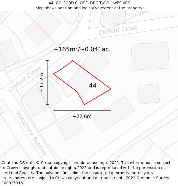 44, COLFORD CLOSE, DROITWICH, WR9 0RS: Plot and title map