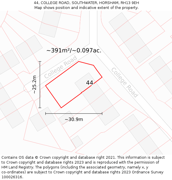 44, COLLEGE ROAD, SOUTHWATER, HORSHAM, RH13 9EH: Plot and title map