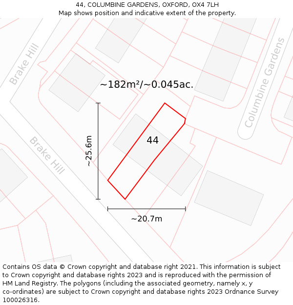 44, COLUMBINE GARDENS, OXFORD, OX4 7LH: Plot and title map