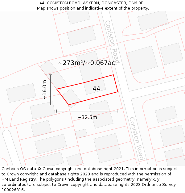 44, CONISTON ROAD, ASKERN, DONCASTER, DN6 0EH: Plot and title map