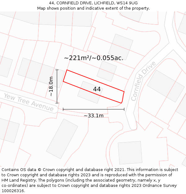 44, CORNFIELD DRIVE, LICHFIELD, WS14 9UG: Plot and title map