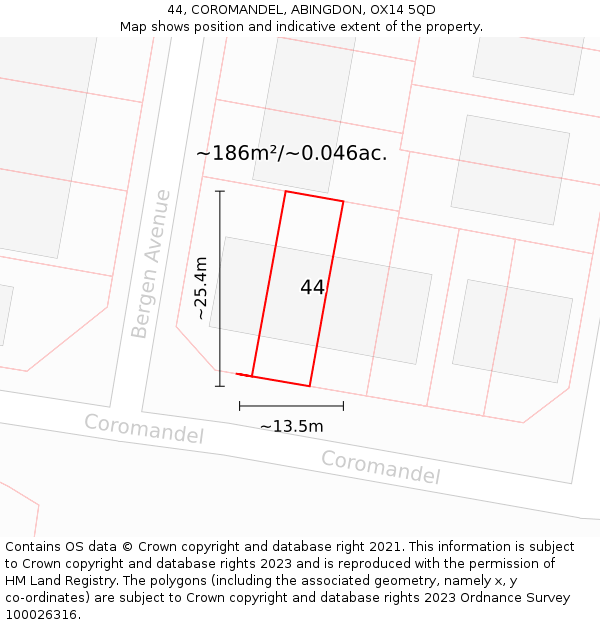 44, COROMANDEL, ABINGDON, OX14 5QD: Plot and title map