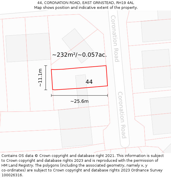 44, CORONATION ROAD, EAST GRINSTEAD, RH19 4AL: Plot and title map