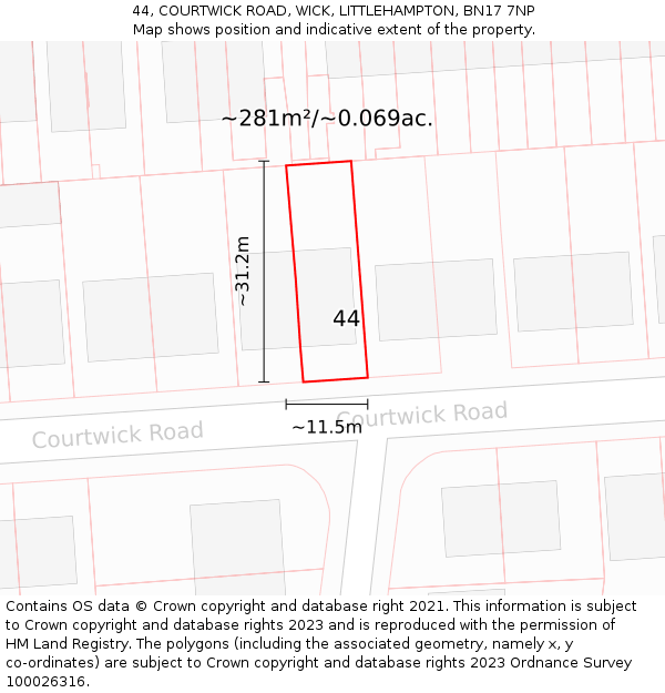 44, COURTWICK ROAD, WICK, LITTLEHAMPTON, BN17 7NP: Plot and title map