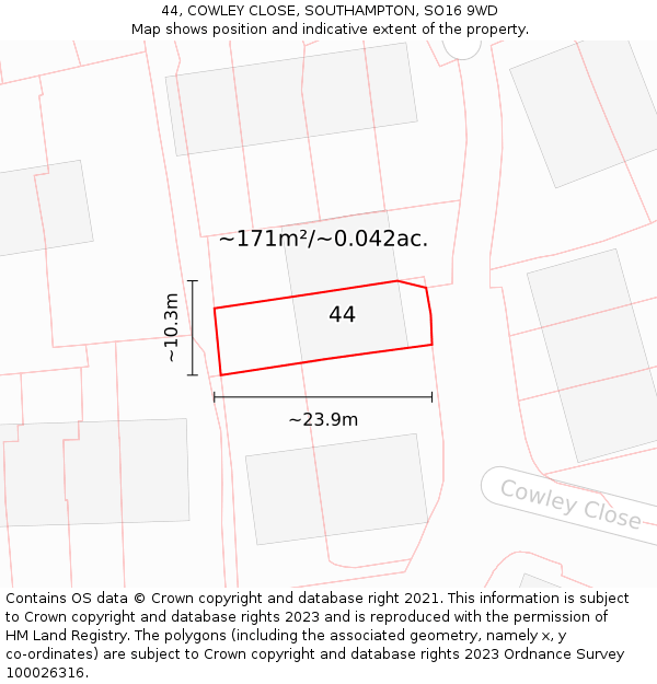 44, COWLEY CLOSE, SOUTHAMPTON, SO16 9WD: Plot and title map