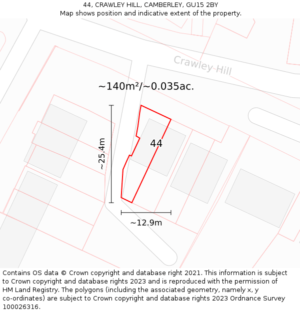 44, CRAWLEY HILL, CAMBERLEY, GU15 2BY: Plot and title map