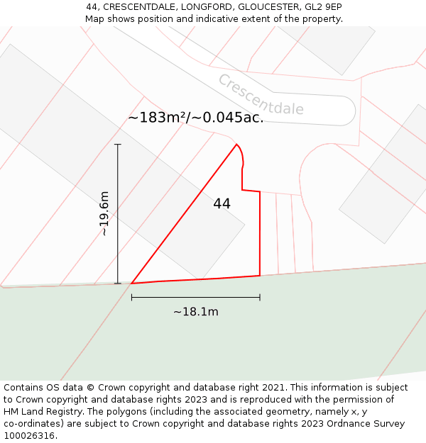 44, CRESCENTDALE, LONGFORD, GLOUCESTER, GL2 9EP: Plot and title map