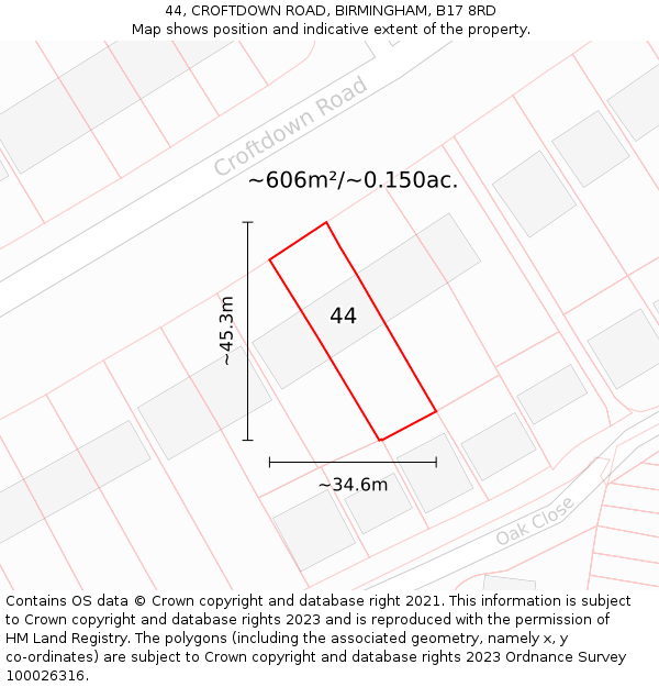 44, CROFTDOWN ROAD, BIRMINGHAM, B17 8RD: Plot and title map