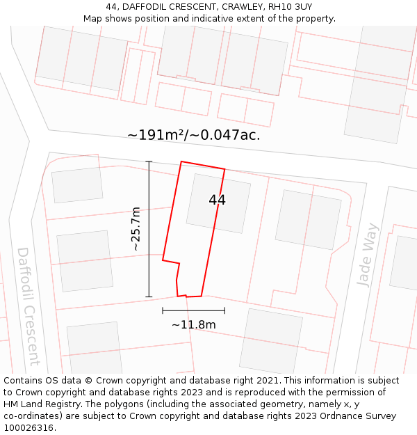 44, DAFFODIL CRESCENT, CRAWLEY, RH10 3UY: Plot and title map