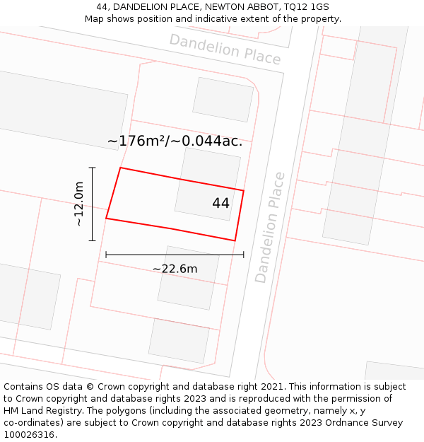 44, DANDELION PLACE, NEWTON ABBOT, TQ12 1GS: Plot and title map