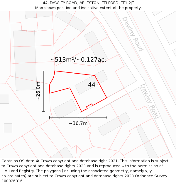 44, DAWLEY ROAD, ARLESTON, TELFORD, TF1 2JE: Plot and title map