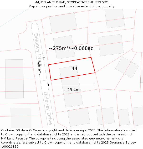 44, DELANEY DRIVE, STOKE-ON-TRENT, ST3 5RG: Plot and title map