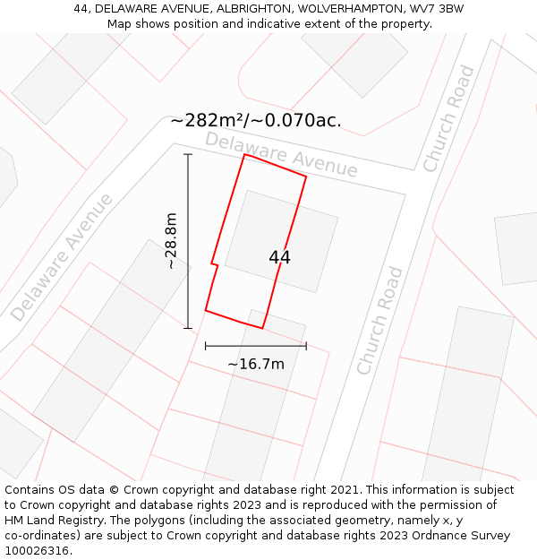 44, DELAWARE AVENUE, ALBRIGHTON, WOLVERHAMPTON, WV7 3BW: Plot and title map