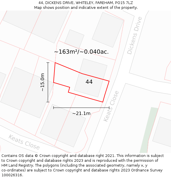 44, DICKENS DRIVE, WHITELEY, FAREHAM, PO15 7LZ: Plot and title map