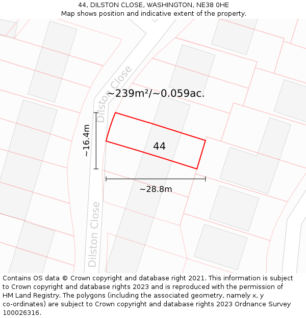 44, DILSTON CLOSE, WASHINGTON, NE38 0HE: Plot and title map