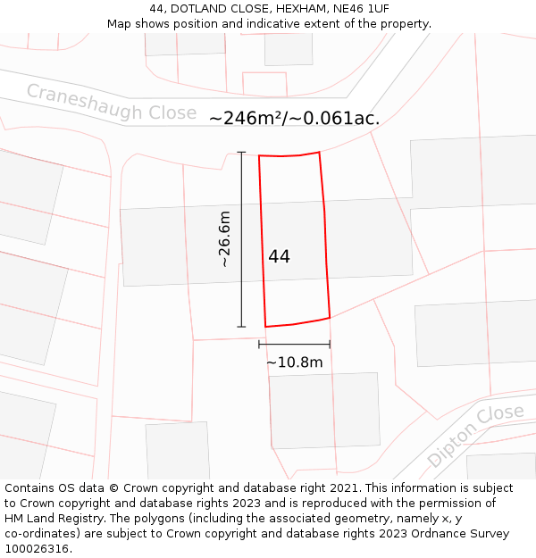 44, DOTLAND CLOSE, HEXHAM, NE46 1UF: Plot and title map