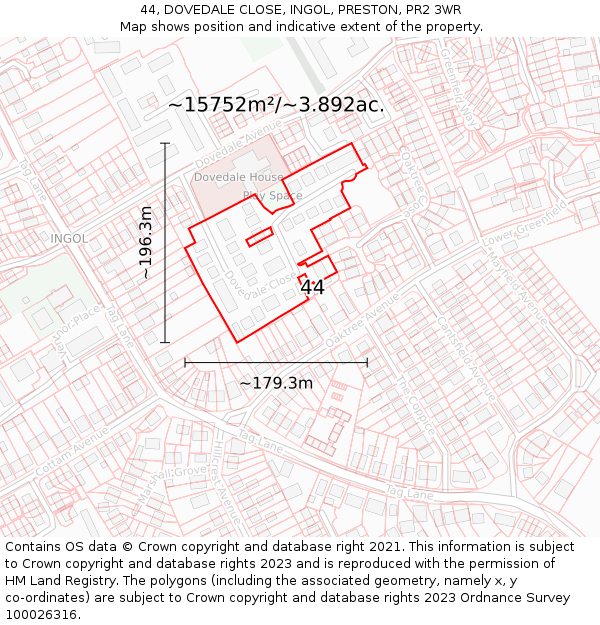 44, DOVEDALE CLOSE, INGOL, PRESTON, PR2 3WR: Plot and title map